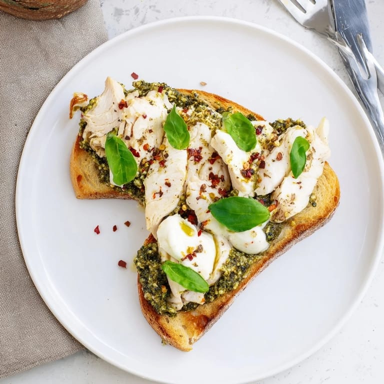 Serving suggestion for Pesto Chicken Burrata Toast with a drizzle of olive oil and red pepper flakes, ideal for a quick appetizer.