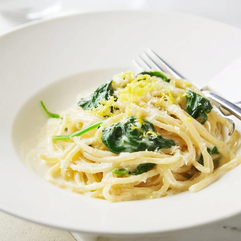 Forkful of Creamy Lemon Spinach Spaghetti on a white plate, garnished with extra Parmesan and lemon zest.