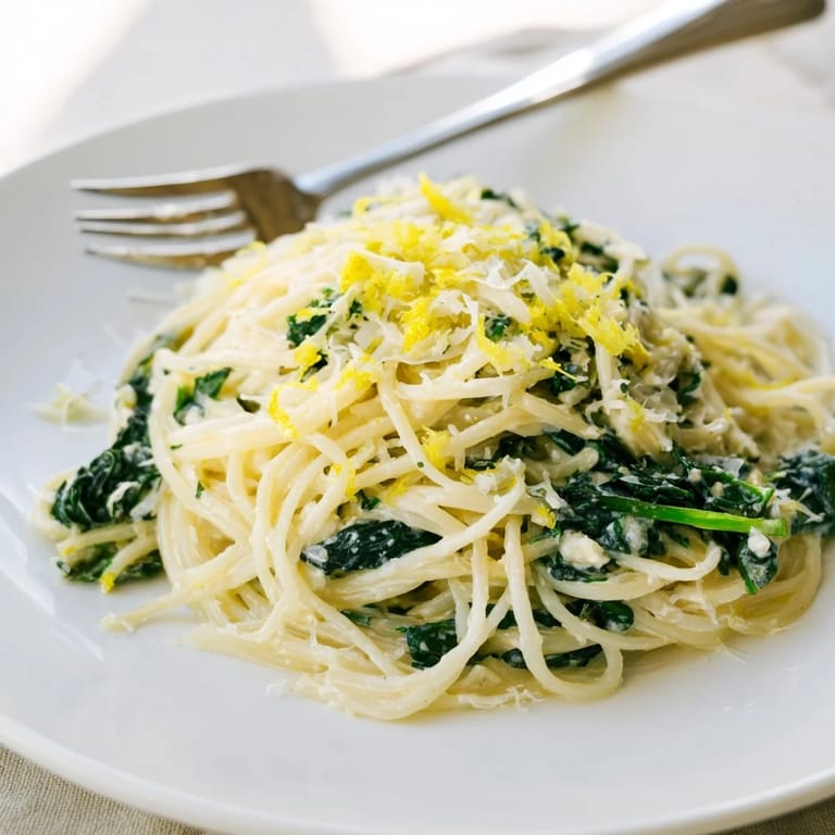 A steaming bowl of Creamy Lemon Spinach Spaghetti with fresh spinach, perfect for a quick weeknight dinner.
