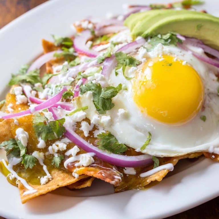 Homemade chilaquiles with red salsa, crunchy chips, creamy avocado, cilantro garnish, and a dollop of Mexican crema, ready for a hearty vegetarian morning meal.