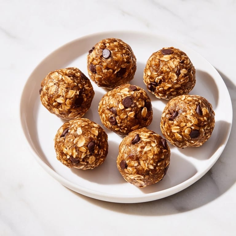 Close-up of Banana Chocolate Chip Energy Balls on a white plate, highlighting the melty chocolate chips and rustic oat texture.