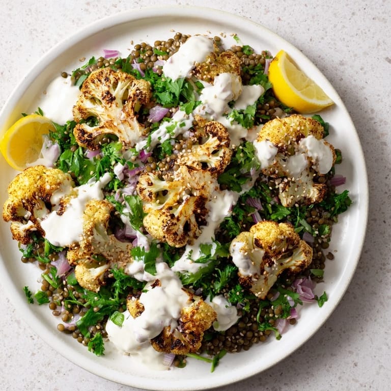 A close-up of the vegetarian dish shows toasted sesame seeds and fresh herbs sprinkled over the main course, with lemon wedges ready for a bright squeeze.
