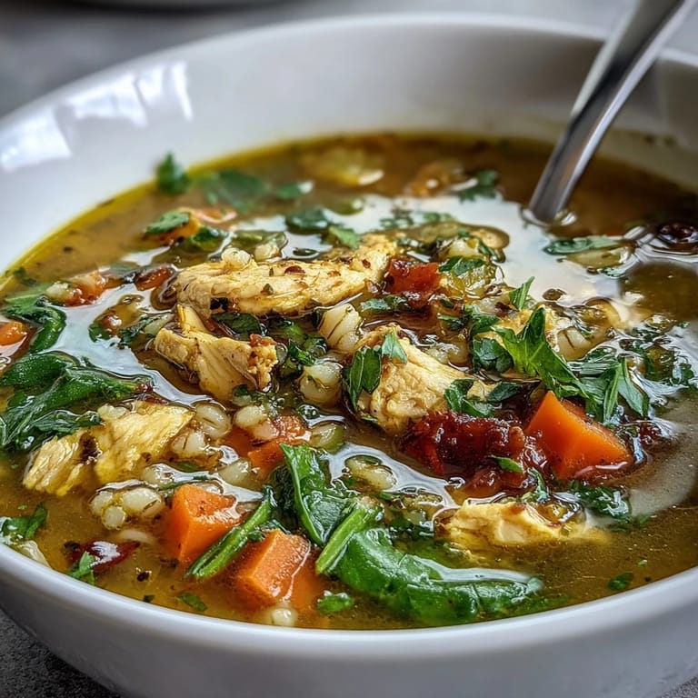 Steaming bowl of Soothing Turmeric Chicken With Pearl Barley, loaded with diced zucchini, spinach, and warm spices for cozy comfort.