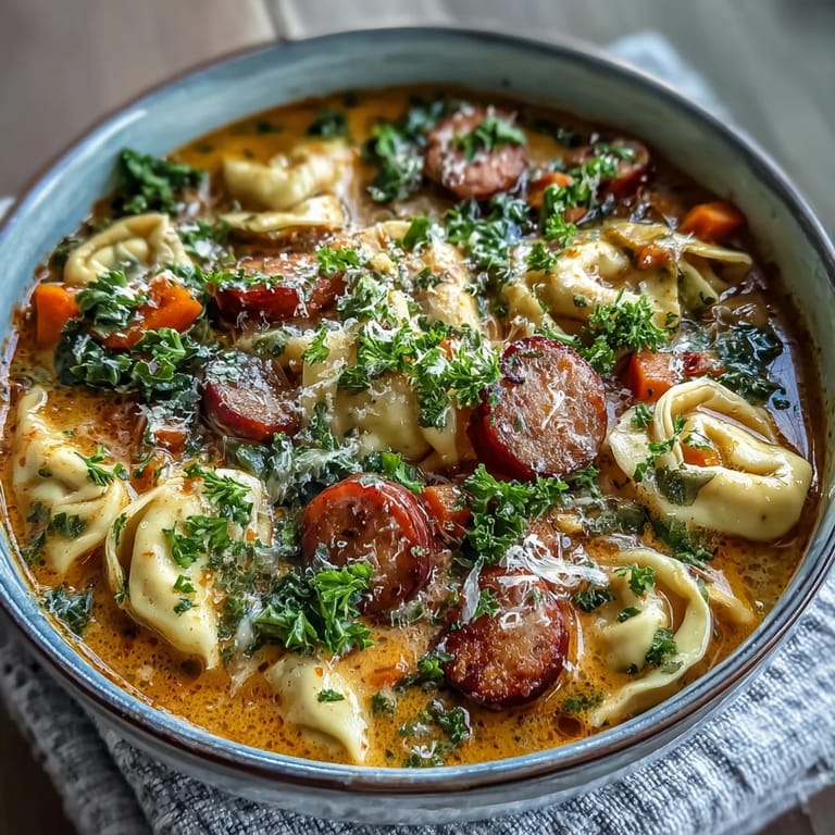 Savory Pumpkin Tortellini Soup simmering in a pot with chicken sausage and kale, steam rising from the hearty, orange broth.