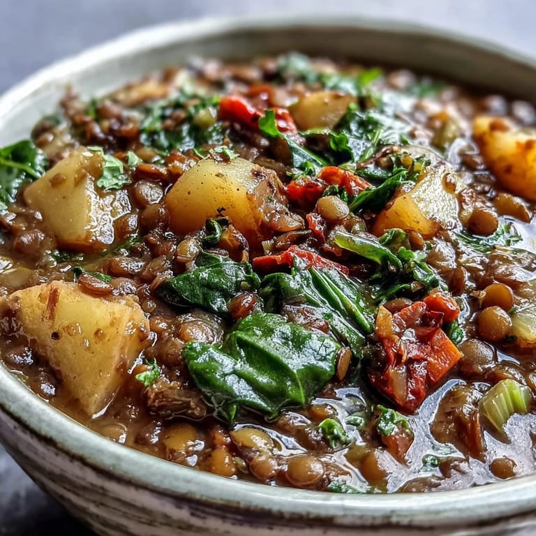 Homemade Vegetarian Lentil Stew served hot with lemon wedges and crusty bread on the side.