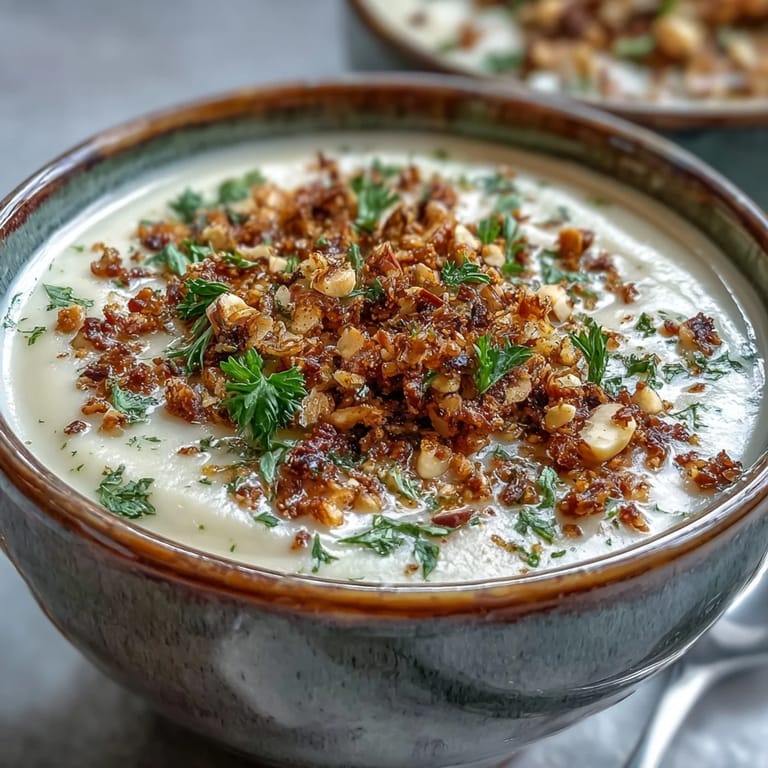 A spoonful of velvety celeriac soup is topped with crunchy, toasted hazelnut crumble for added texture.