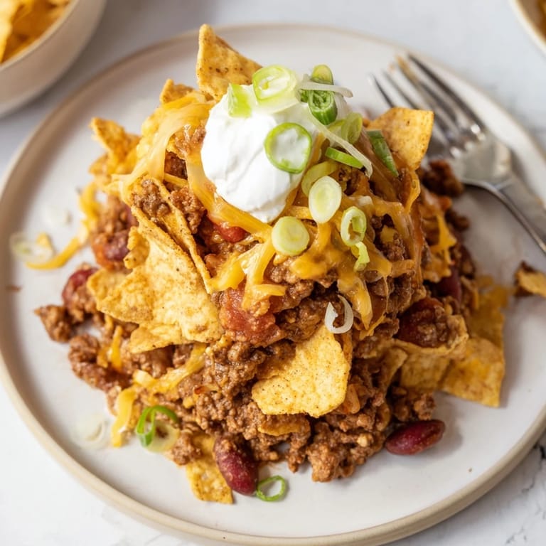 Mouthwatering Chili Cheese Frito Pie garnished with sour cream and green onions, served warm.  
