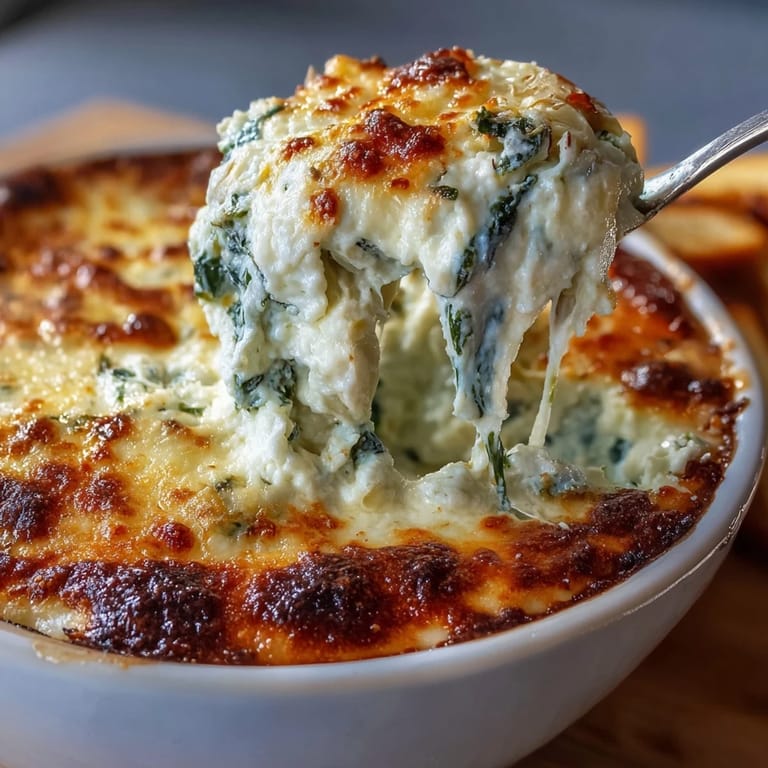 Oven-baked spinach artichoke dip in a ceramic dish, golden and bubbly, paired with crunchy bread slices and fresh veggie sticks for serving.