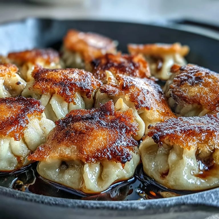 Perfectly pan-fried Smash Dumplings, lightly smashed for extra crispiness, ready to be enjoyed as an appetizer.