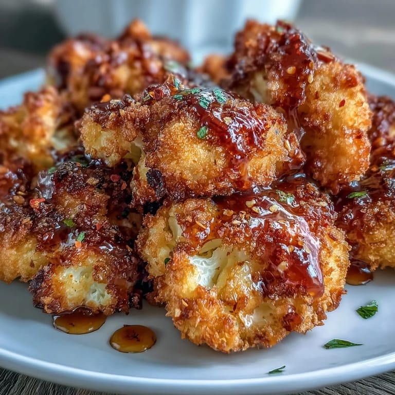 Freshly baked hot honey cauliflower florets tossed in a glossy glaze, ready to serve with a sprinkle of herbs.
