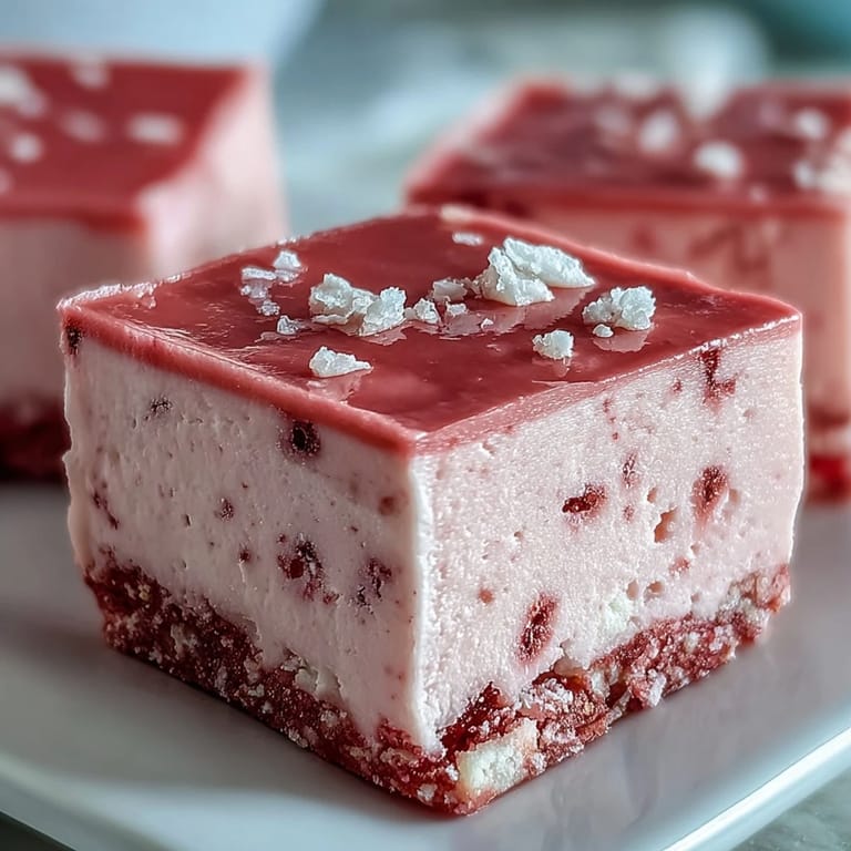 Ready to serve, these No-Bake Strawberry Fudge Squares are dusted with powdered sugar.