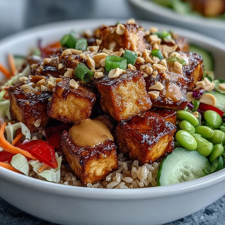 Gluten-free Peanut Tofu Power Bowl with edamame and sesame seeds, served in a white bowl for a colorful lunch.
