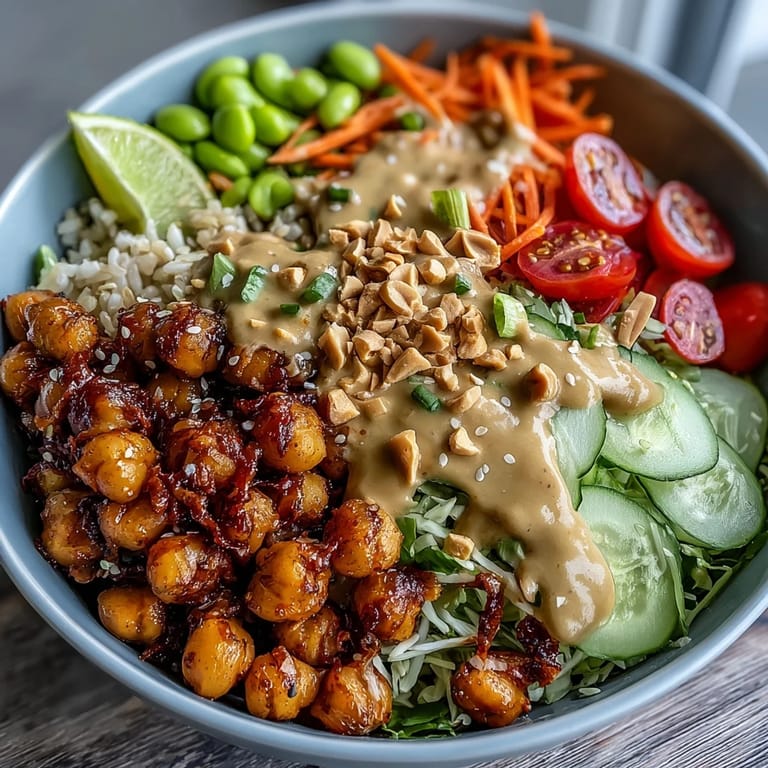 An overhead view of a Peanut Chickpea Protein Bowl with brown rice, edamame, and colorful shredded vegetables.