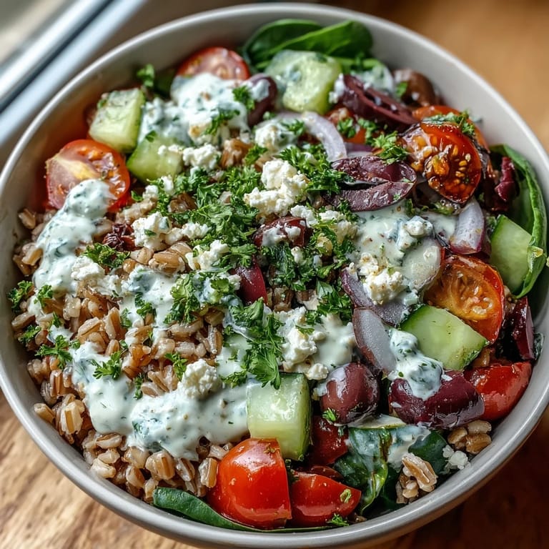 Hearty Mediterranean Farro Bowl served in a rustic dish, complete with protein-rich chickpeas, diced veggies, and crumbled feta cheese.