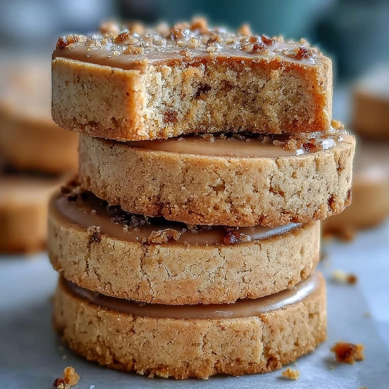 Delicate Hojicha Shortbread rounds featuring specks of roasted tea powder, served on a marble surface with a glass of milk.