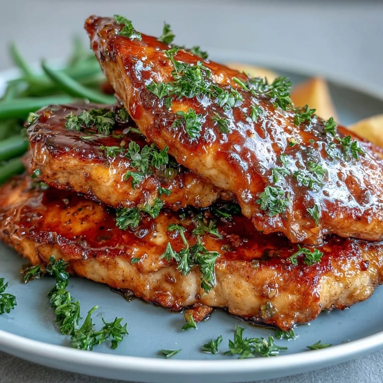 Tangy honey mustard chicken and green beans, golden chicken breasts with a zesty glaze, paired with fresh, tender green beans.