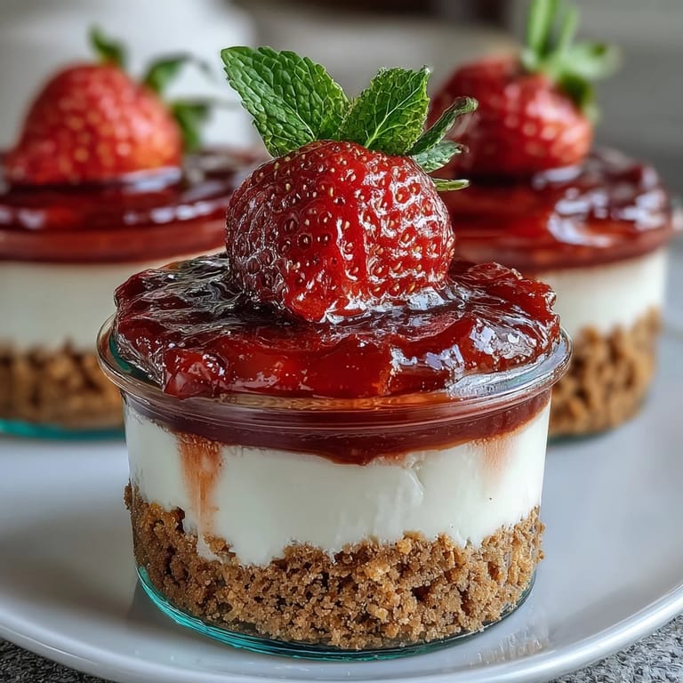 Bright and luscious no-bake strawberry cheesecake jars feature smooth vanilla cream cheese, crunchy biscuit base, and juicy strawberry topping in individual servings.