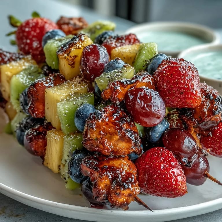 Bright and refreshing rainbow fruit skewers featuring juicy seasonal fruits paired with a smooth, sweet honey-yogurt dipping sauce for a healthy snack.