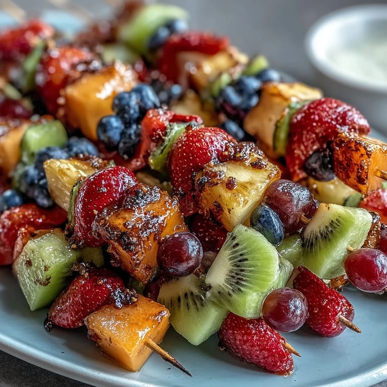 Vibrant rainbow fruit skewers with strawberries, pineapple, kiwi, blueberries, grapes, and cantaloupe, served alongside a luscious honey-yogurt dip for a festive treat.