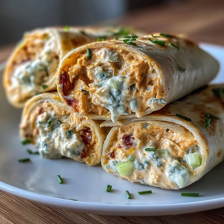 Creamy Buffalo chicken filling with cheddar and blue cheese, wrapped in flour tortillas and cut into colorful, bite-sized pinwheels for game day.