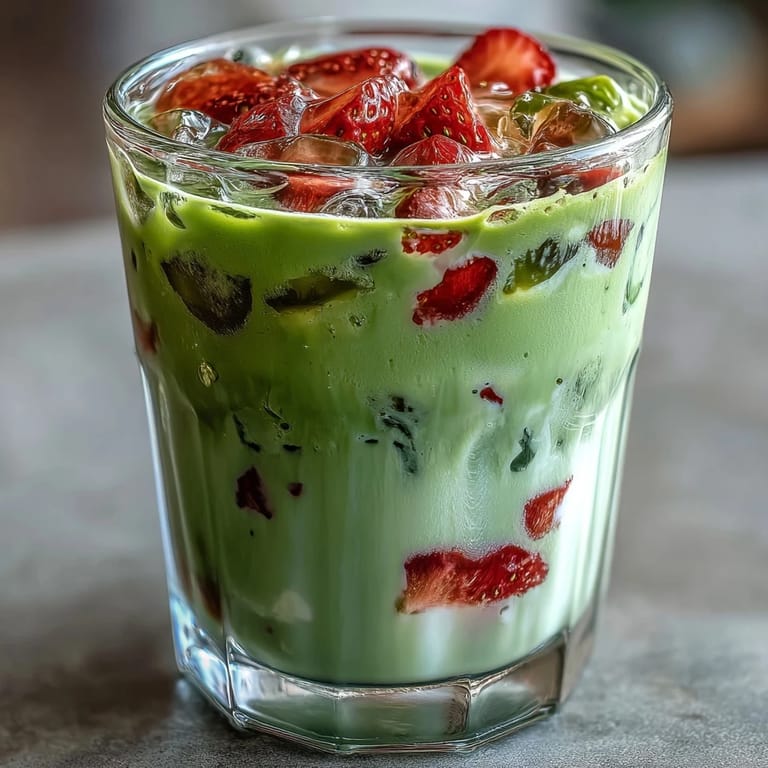 Refreshing strawberry matcha latte featuring bright red puree, green matcha, and chilled oat milk in a clear glass.