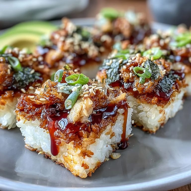 Spicy Tuna Crispy Rice appetizer, perfectly fried parcels with vibrant tuna and garnishes.