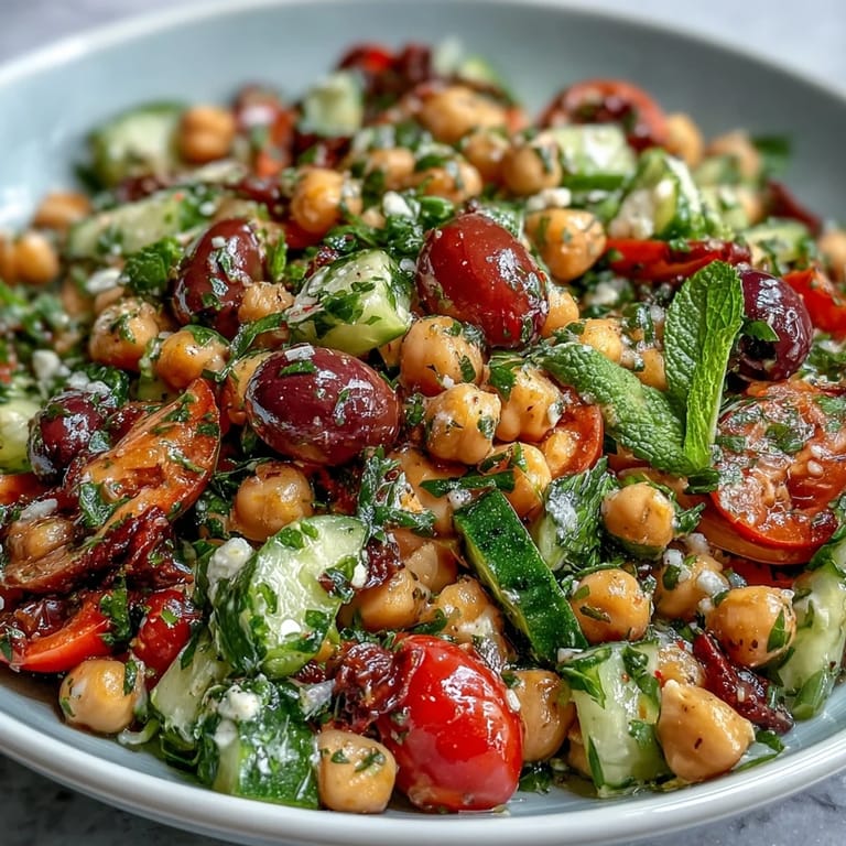 Colorful Mediterranean Chickpea Salad: A healthy, quick vegan bowl topped with olives.