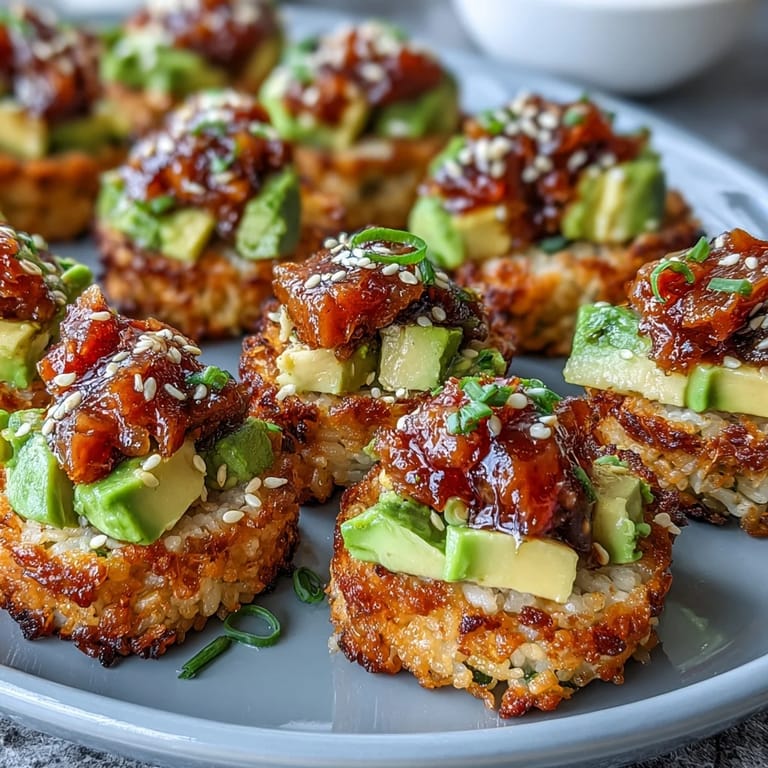 Golden spicy tuna crispy rice bites drizzled with creamy spicy mayo and avocado.