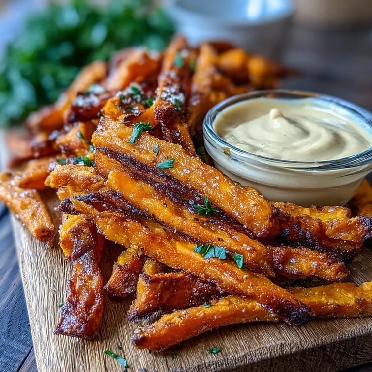 Close-up of air fryer sweet potato fries ready to be enjoyed with smoky aioli.