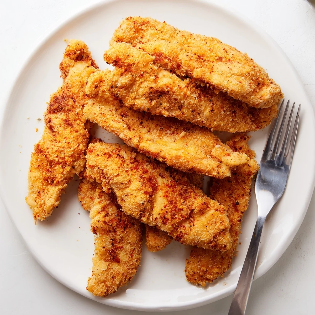 Golden, crispy fried chicken tenders stacked high on a white plate, served with a side of honey mustard dipping sauce.