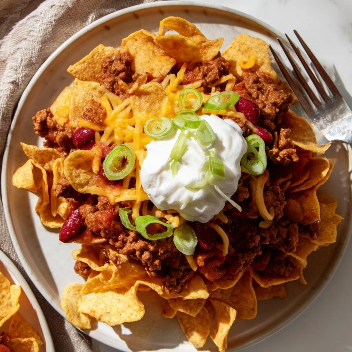 Chili Cheese Frito Pie layered with creamy cheese, hearty chili, and crunchy chips.  