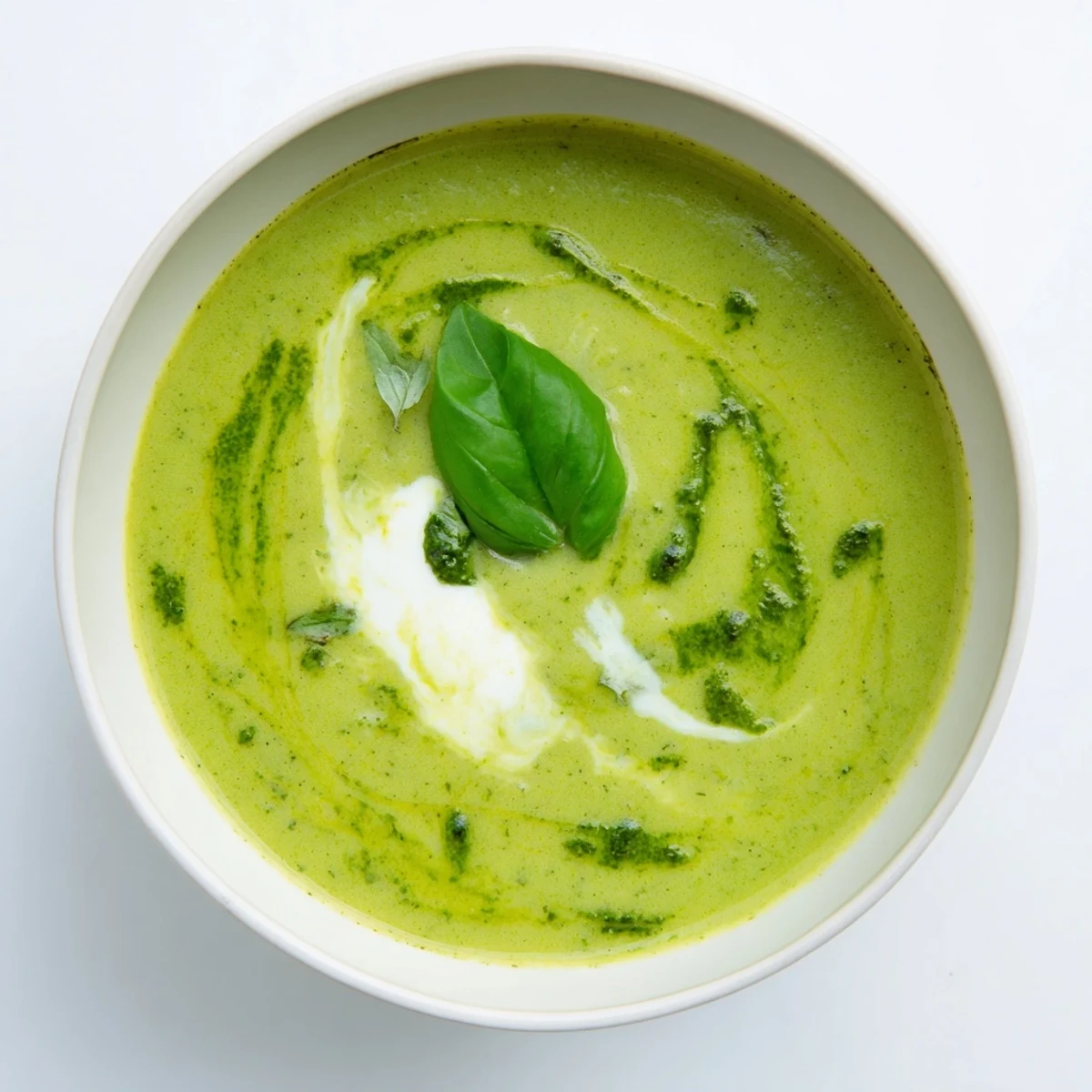 Vibrant courgette, pea and pesto soup swirled with basil, perfect for spring.
