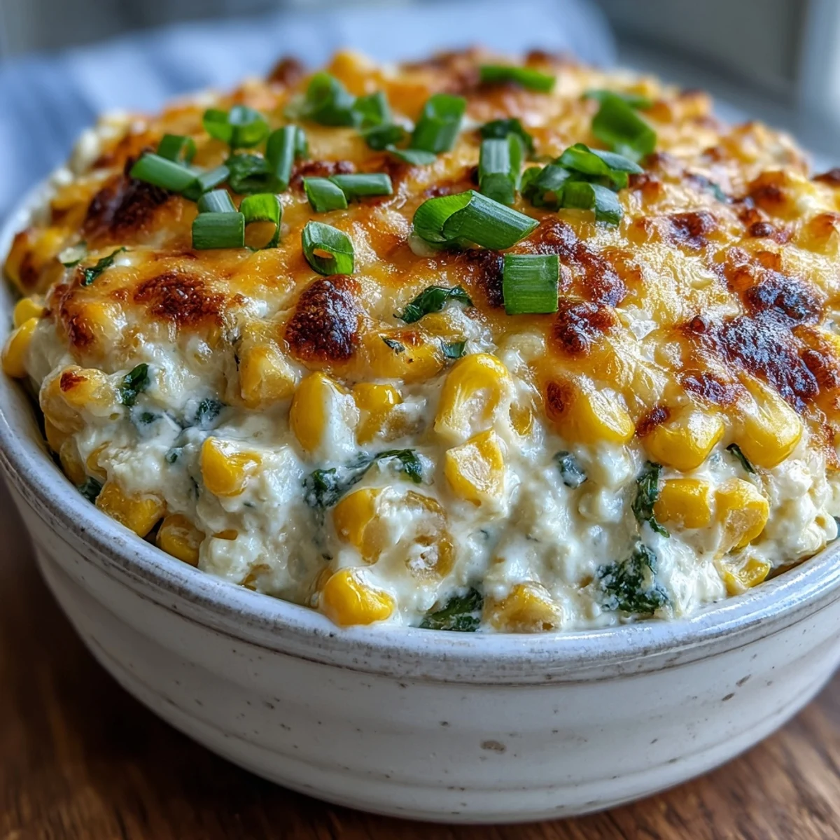 A warm, bubbling Crack Corn Dip, golden and topped with melted cheddar and fresh green onions.