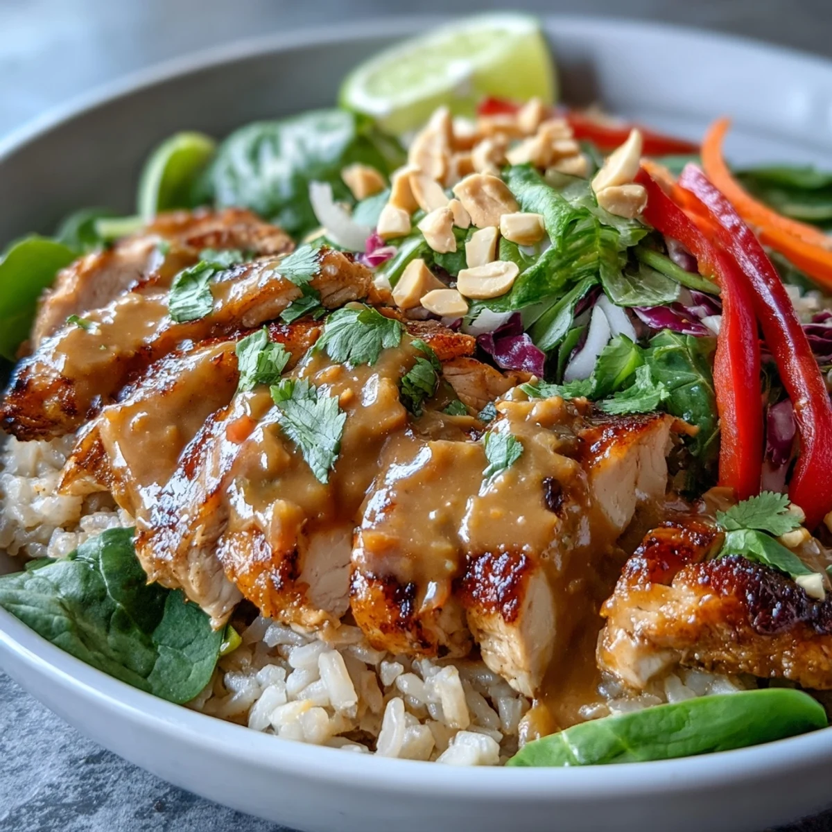 Freshly baked spiced chicken slices rest over fluffy brown rice on this Peanut Chicken Power Bowl, with crisp red bell peppers and carrots ready for creamy peanut sauce drizzle.