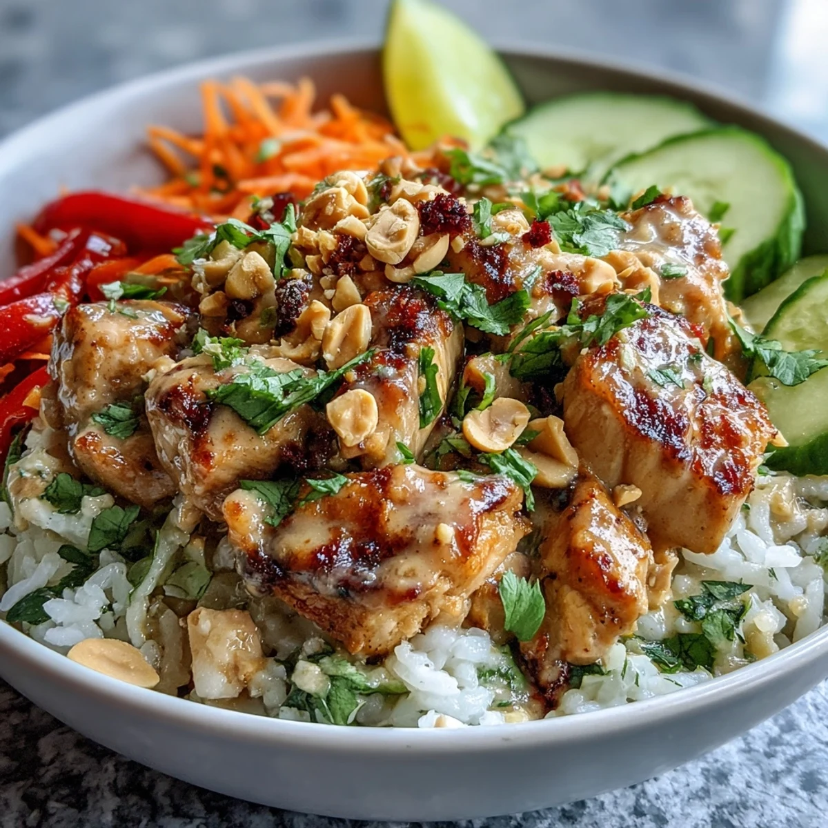 Fragrant coconut rice topped with tender chicken, crisp veggies, and chopped peanuts in a Thai Peanut Chicken Bowl.