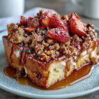 A golden baked French toast casserole with juicy strawberries and a cinnamon crumb topping, perfect for spring brunch.