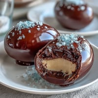 Homemade dark chocolate peanut butter Easter eggs with a creamy center and flaky sea salt topping, perfect for festive spring celebrations.